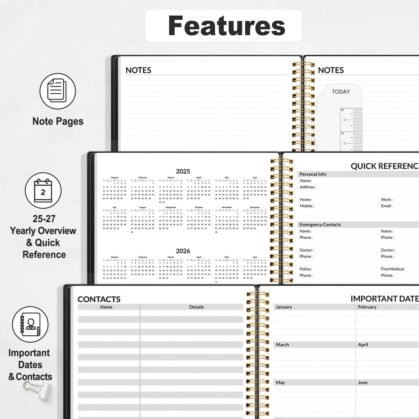 SUNEE SUNEE 2025 Appointment Book, Quarter-Hourly, Weekly & Monthly - from January 2025 - December 2025, 8.5"x11" Weekly Planner, Flexible Cover, Note Pages, Pockets, Bookmark, Spiral Binding, Black