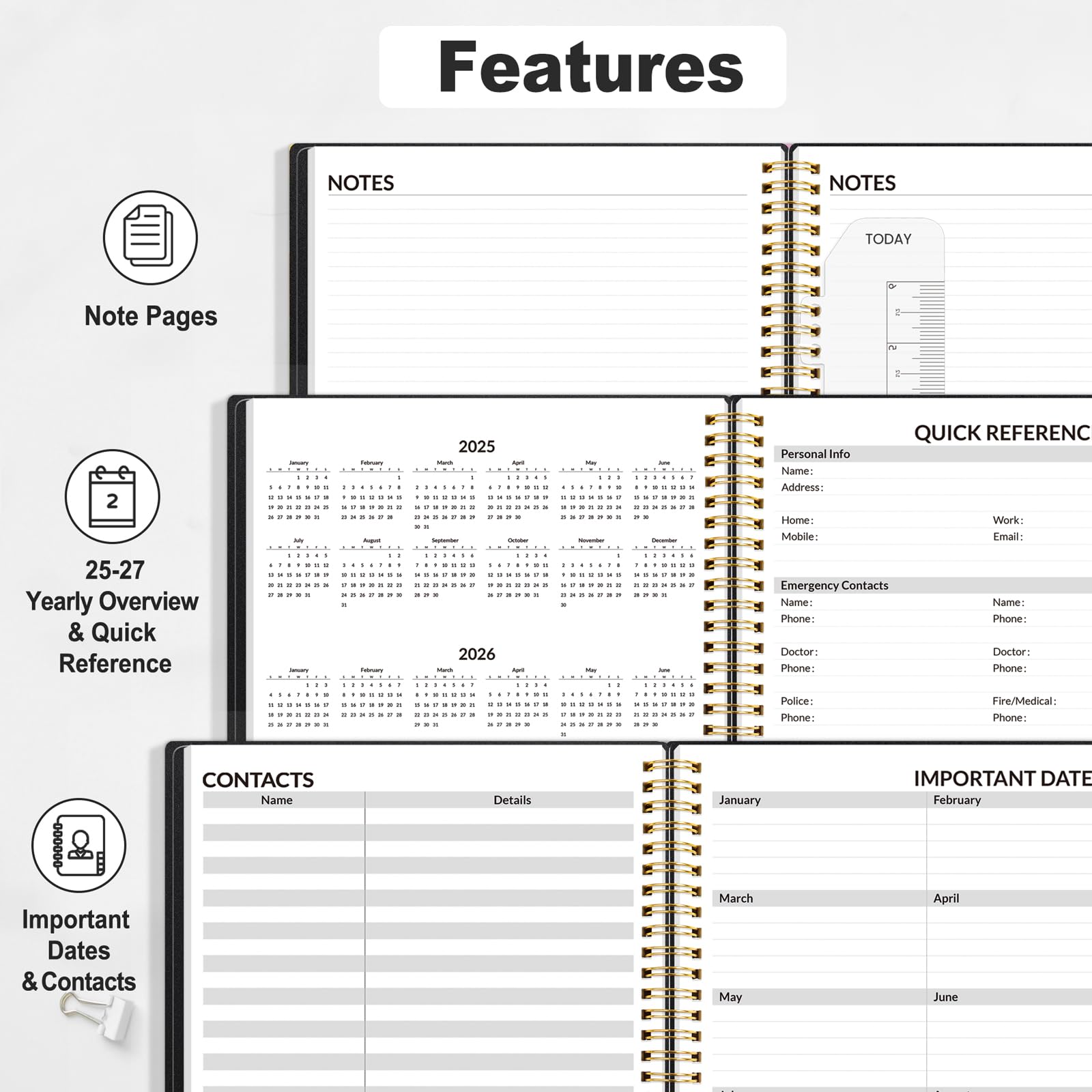 SUNEE SUNEE 2025 Appointment Book, Quarter-Hourly, Weekly & Monthly - from January 2025 - December 2025, 8.5"x11" Weekly Planner, Flexible Cover, Note Pages, Pockets, Bookmark, Spiral Binding, Black