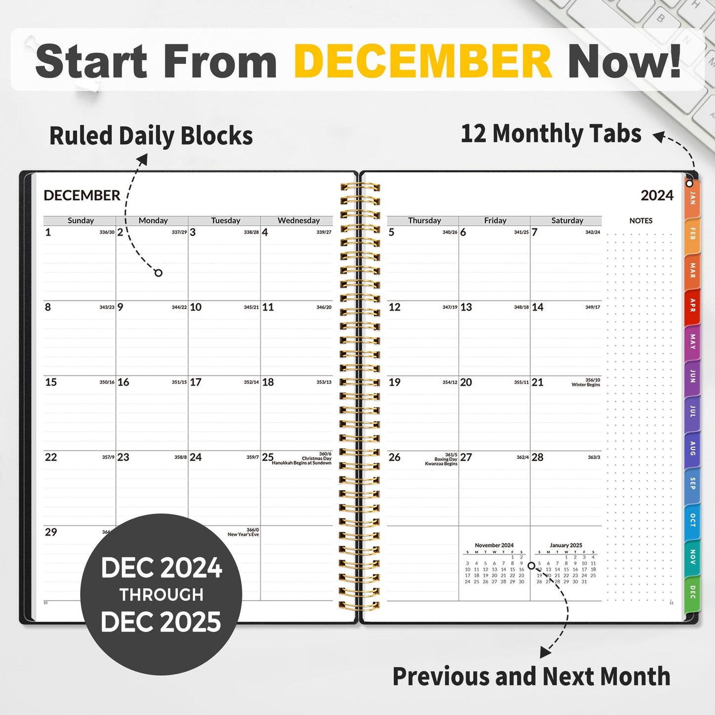 SUNEE SUNEE 2025 Appointment Book, Quarter-Hourly, Weekly & Monthly - from January 2025 - December 2025, 8.5"x11" Weekly Planner, Flexible Cover, Note Pages, Pockets, Bookmark, Spiral Binding, Black