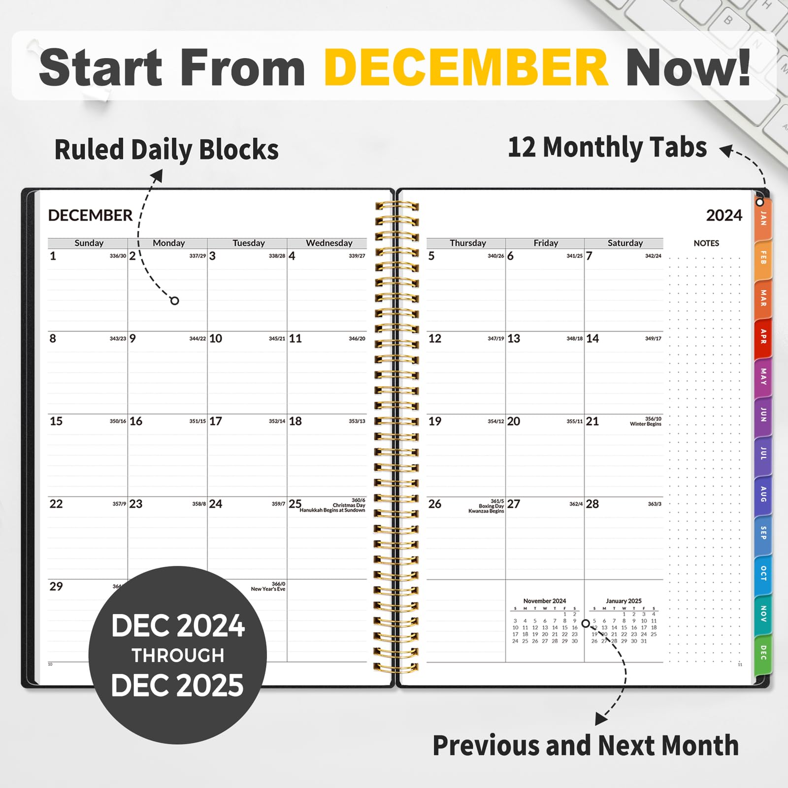 SUNEE SUNEE 2025 Appointment Book, Quarter-Hourly, Weekly & Monthly - from January 2025 - December 2025, 8.5"x11" Weekly Planner, Flexible Cover, Note Pages, Pockets, Bookmark, Spiral Binding, Black