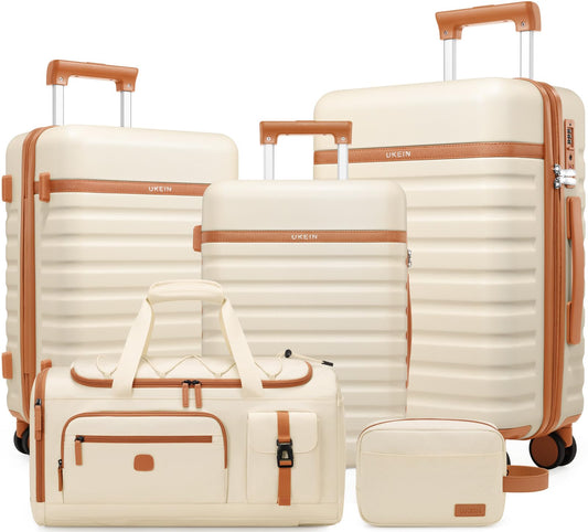 UKEIN UKEIN Luggage Sets 5 Piece,Polycarbonate Hardside Carry On Suitcase Set with Spinner Wheel TSA Lock, Suitcase set with Travel Bag for Women Men (Beige, 5 piece set)