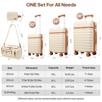 UKEIN UKEIN Luggage Sets 5 Piece,Polycarbonate Hardside Carry On Suitcase Set with Spinner Wheel TSA Lock, Suitcase set with Travel Bag for Women Men (Beige, 5 piece set)