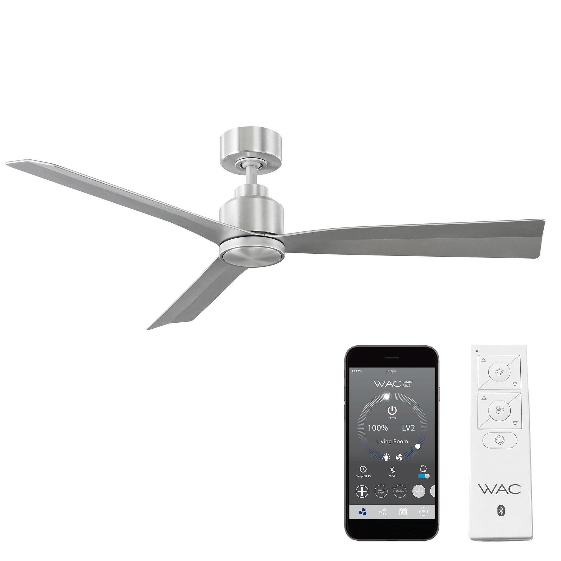 WAC Lighting WAC Smart Fans Clean Indoor and Outdoor 3-Blade Smart Home Ceiling Fan 52in Brushed Aluminum with Remote Control works with Alexa and iOS or Android App