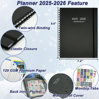 XAOWON Monthly Planner 2025-2026 (7.4'' x 9.6''), 2025 Calendar 18 Months Planner from Jan 2025-Jun 2026, Academic Planner with Monthly Tabs & Pocket, Perfect for School & Work, 120GSM Thick Paper, Black