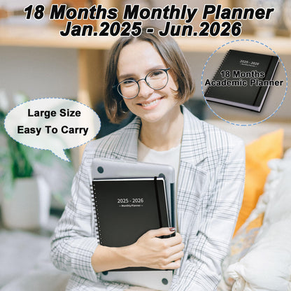 XAOWON Monthly Planner 2025-2026 (7.4'' x 9.6''), 2025 Calendar 18 Months Planner from Jan 2025-Jun 2026, Academic Planner with Monthly Tabs & Pocket, Perfect for School & Work, 120GSM Thick Paper, Black