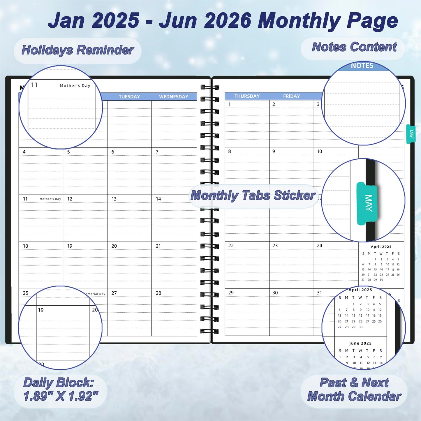 XAOWON Monthly Planner 2025-2026 (7.4'' x 9.6''), 2025 Calendar 18 Months Planner from Jan 2025-Jun 2026, Academic Planner with Monthly Tabs & Pocket, Perfect for School & Work, 120GSM Thick Paper, Black