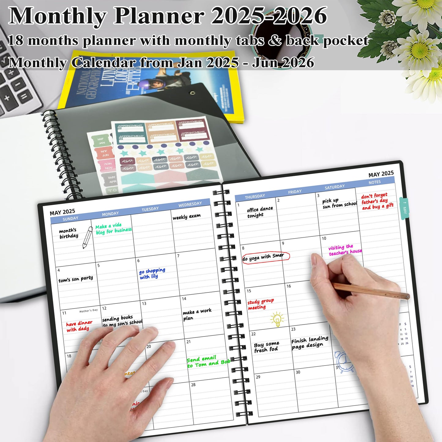 XAOWON Monthly Planner 2025-2026 (7.4'' x 9.6''), 2025 Calendar 18 Months Planner from Jan 2025-Jun 2026, Academic Planner with Monthly Tabs & Pocket, Perfect for School & Work, 120GSM Thick Paper, Black