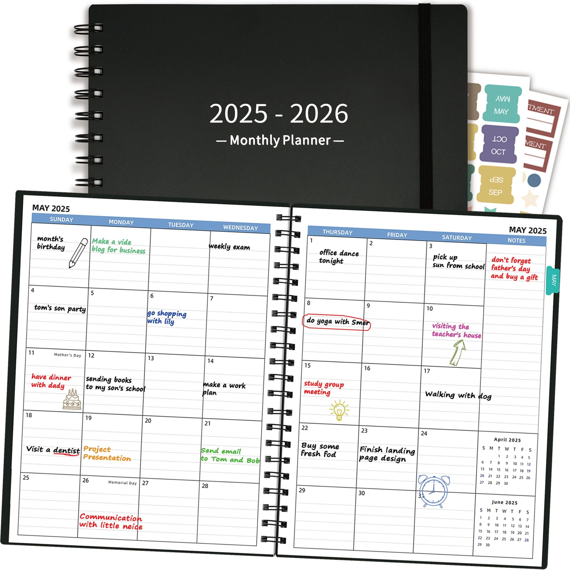 XAOWON Monthly Planner 2025-2026 (7.4'' x 9.6''), 2025 Calendar 18 Months Planner from Jan 2025-Jun 2026, Academic Planner with Monthly Tabs & Pocket, Perfect for School & Work, 120GSM Thick Paper, Black